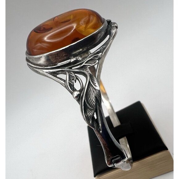 Vintage Art Nouveau Style Baltic Amber Sterling Silver Hinged Bangle Bracelet - Picture 9 of 16